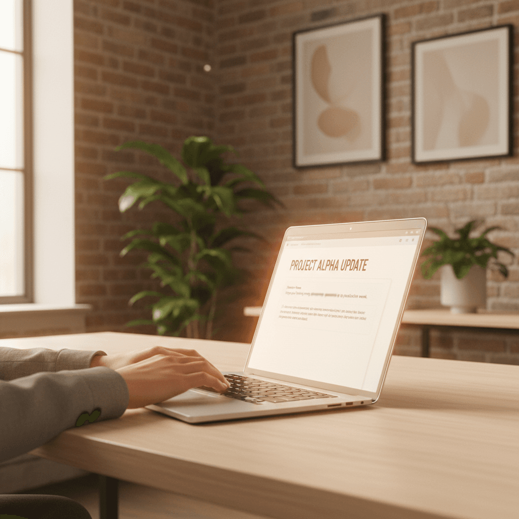 Person typing an email on laptop in modern workspace