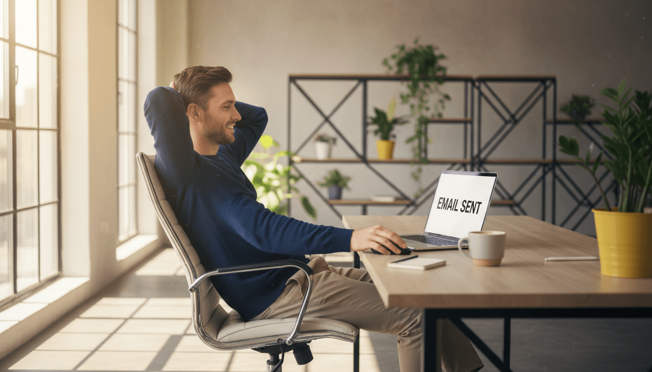 Professional completing email with MailAI quickly at desk