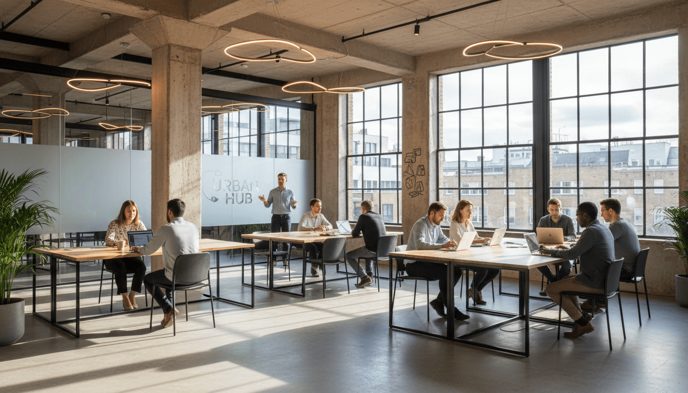 Modern London co-working space with professionals at work